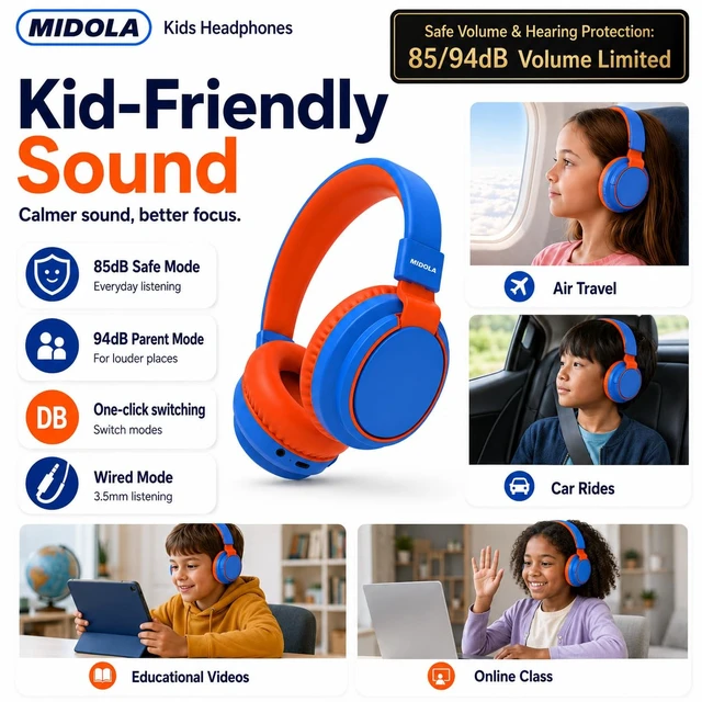 Alt view image 3 of 7 - Kids Bluetooth Headphones Wireless Over-Ear,68Hrs,Volume Limit 85/94dB Blue Built-in Mic,Adjustable Headband Foldable Lightweight for Toddler School Girls Boys,Stereo Sound,Wired by Aux 3.5mm Black