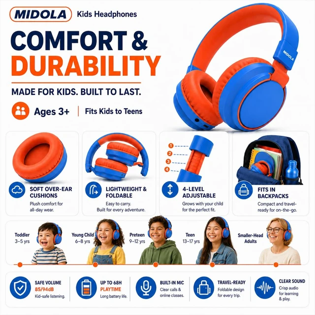 Alt view image 4 of 7 - Kids Bluetooth Headphones Wireless Over-Ear,68Hrs,Volume Limit 85/94dB Blue Built-in Mic,Adjustable Headband Foldable Lightweight for Toddler School Girls Boys,Stereo Sound,Wired by Aux 3.5mm Black