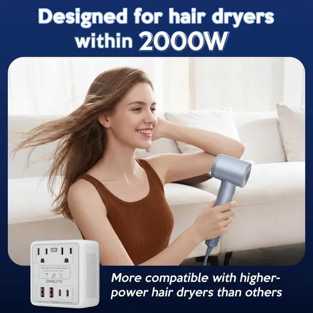 Alt view image 2 of 7 - 2000W 220V to 110V Voltage Converter Us to Europe for Hair Dryers, Travel Converter with PD 35W USB Ports, Converter for European Travel, International Travel Adapter with Type C G I A (Gray)
