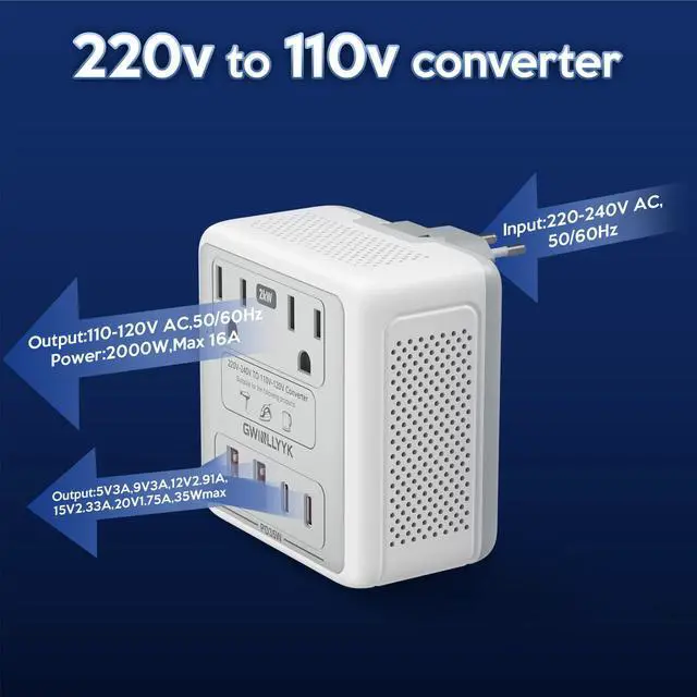 Alt view image 5 of 7 - 2000W 220V to 110V Voltage Converter Us to Europe for Hair Dryers, Travel Converter with PD 35W USB Ports, Converter for European Travel, International Travel Adapter with Type C G I A (Gray)