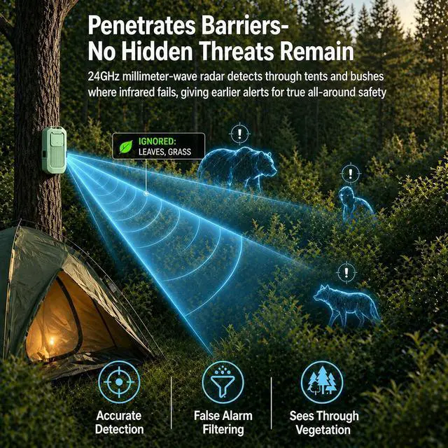 Alt view image 2 of 7 - Radar Perimeter Security Alarm, Portable Camping Perimeter Alarm | 24GHz mmWave Radar, 1/2 Mile Range, Weatherproof Wireless Rechargeable Motion Detector Sensor for Outdoor Camping RV Property
