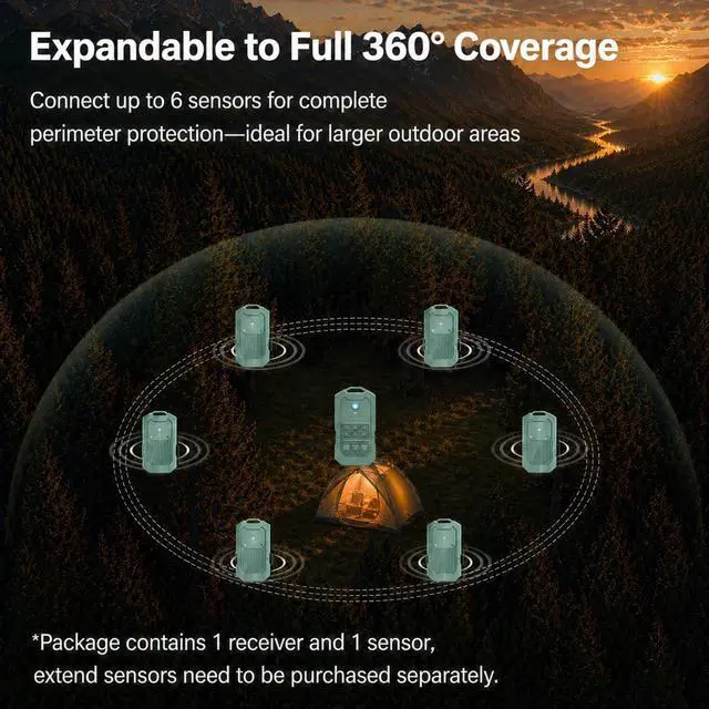 Alt view image 6 of 7 - Radar Perimeter Security Alarm, Portable Camping Perimeter Alarm | 24GHz mmWave Radar, 1/2 Mile Range, Weatherproof Wireless Rechargeable Motion Detector Sensor for Outdoor Camping RV Property