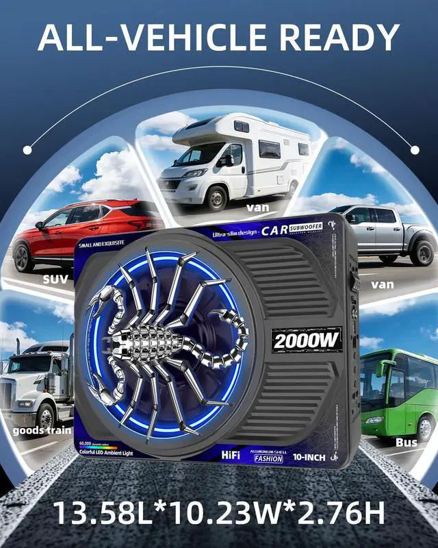 Alt view image 7 of 7 - 2000W 10 Inch Underseat Car Subwoofer and Amp Package, Slim Powered Under Seat Sub with Built-in Class D Amp, RGB Beat-Synced Light, Low Pass Filter, Bass Boost for Truck SUV