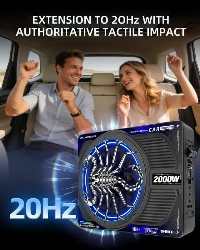 Alt view image 6 of 7 - 2000W 10 Inch Underseat Car Subwoofer and Amp Package, Slim Powered Under Seat Sub with Built-in Class D Amp, RGB Beat-Synced Light, Low Pass Filter, Bass Boost for Truck SUV