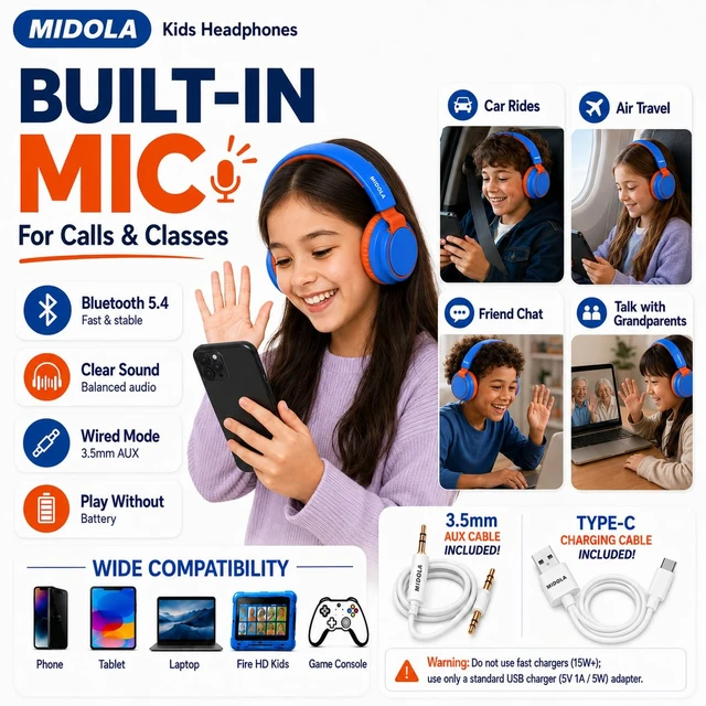 Alt view image 5 of 7 - Kids Bluetooth Headphones Wireless Over-Ear,68Hrs,Volume Limit 85/94dB Blue Built-in Mic,Adjustable Headband Foldable Lightweight for Toddler School Girls Boys,Stereo Sound,Wired by Aux 3.5mm Black