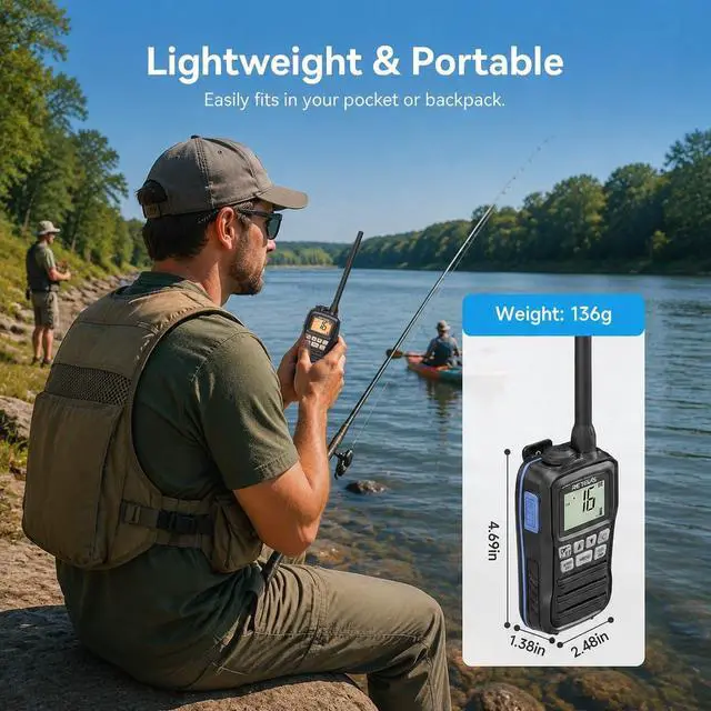 Alt view image 2 of 7 - RM01P 3.5W Marine Radio VHF IP67 Floating, USB-C for Fishing(1Pack) | Lake Leisure Travel, Water Sports, 15-Hour Battery, Portable, NOAA Weather Alert, Global Channel, Vibration Drainage, 3-Watch