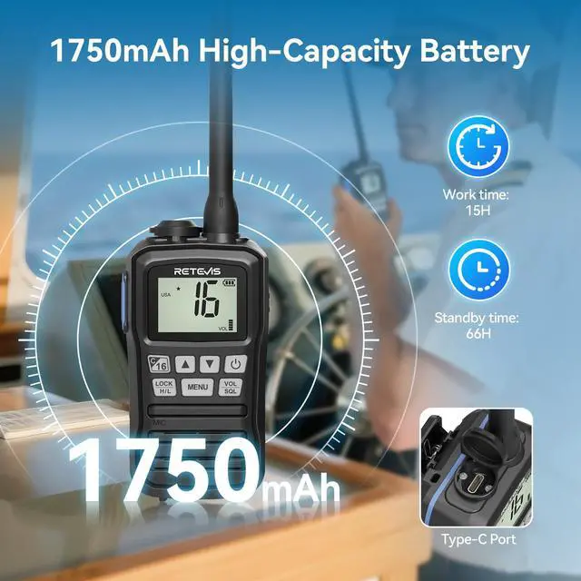 Alt view image 5 of 7 - RM01P 3.5W Marine Radio VHF IP67 Floating, USB-C for Fishing(1Pack) | Lake Leisure Travel, Water Sports, 15-Hour Battery, Portable, NOAA Weather Alert, Global Channel, Vibration Drainage, 3-Watch