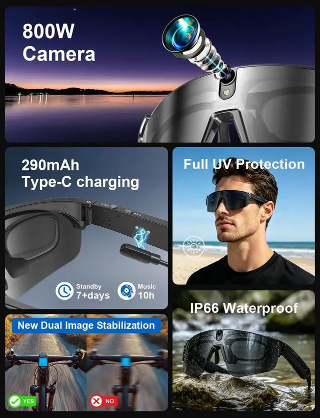 Alt view image 2 of 7 - 4K Camera Glasses, AI Smart Sports Recording Sunglasses, HD Video & Photo, Electronic Image Stabilization, Live Translation, AI Voice Assistant, IP66 Waterproof for Cycling Hiking