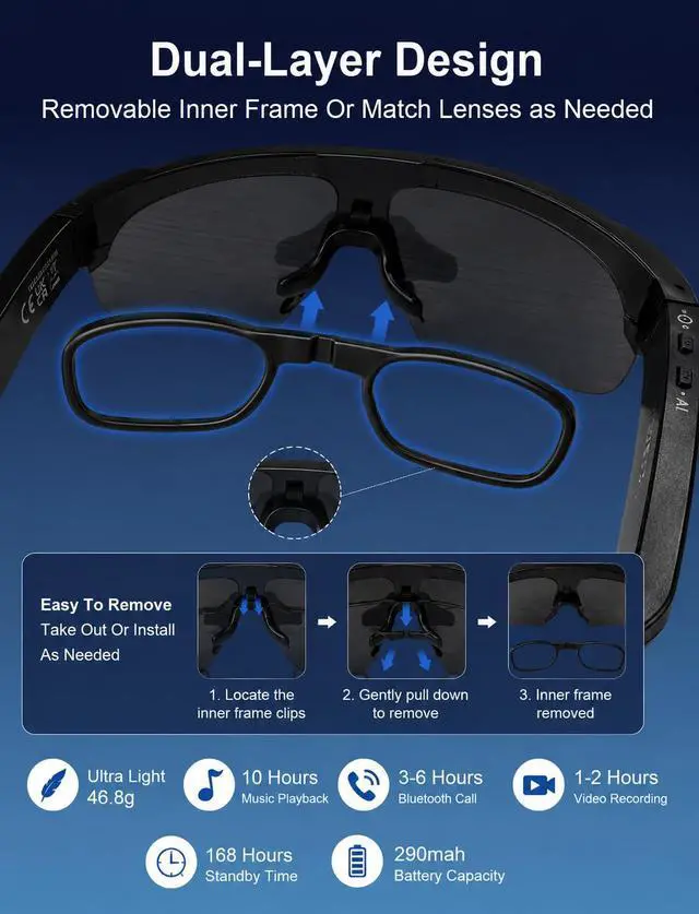 Alt view image 7 of 7 - 4K Camera Glasses, AI Smart Sports Recording Sunglasses, HD Video & Photo, Electronic Image Stabilization, Live Translation, AI Voice Assistant, IP66 Waterproof for Cycling Hiking
