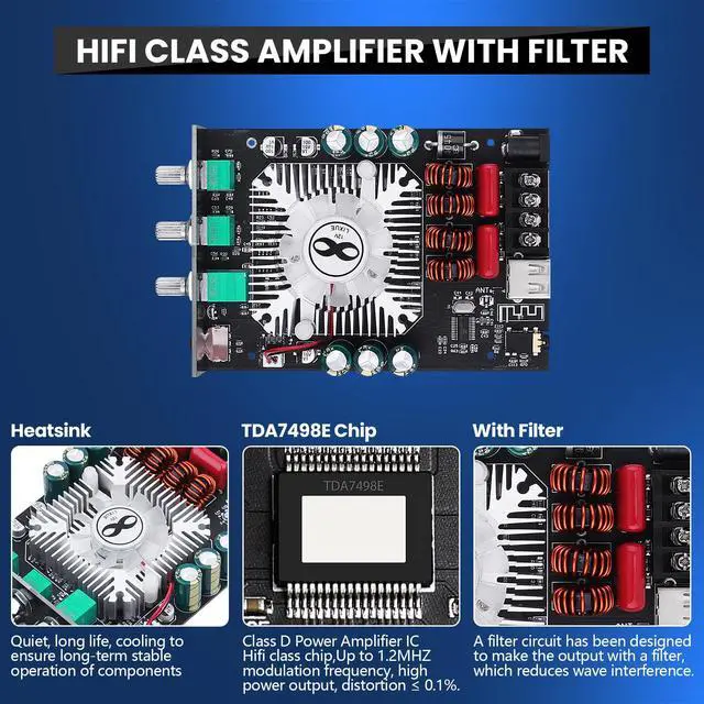 Alt view image 2 of 7 - Audio Amplifier Board, ZK-1602T Bluetooth 5.0 Power Amp for Home Speakers | 2.0 Channel 160W+160W Stereo Mini Amplifier Module TDA7498E Chip W/TB, USB, AUX, DC 15-36V