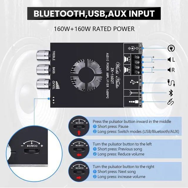 Alt view image 3 of 7 - Audio Amplifier Board, ZK-1602T Bluetooth 5.0 Power Amp for Home Speakers | 2.0 Channel 160W+160W Stereo Mini Amplifier Module TDA7498E Chip W/TB, USB, AUX, DC 15-36V