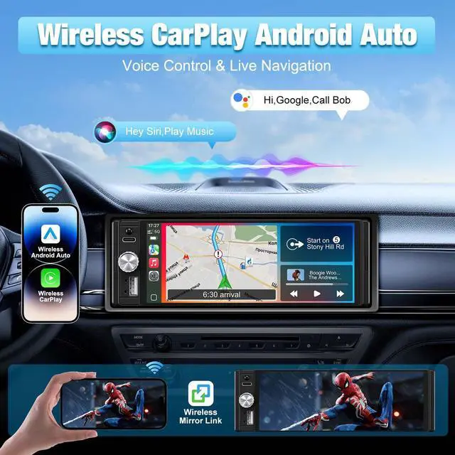 Alt view image 2 of 7 - Single Din Car Stereo, 6.28" HD Touch Screen Radio Wireless CarPlay Android Auto, Bluetooth USB-C SWC EQ Backup Camera External Mic