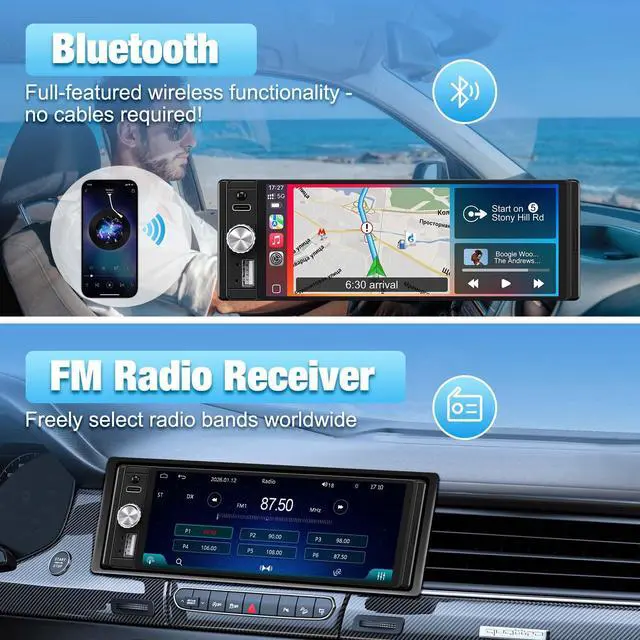 Alt view image 5 of 7 - Single Din Car Stereo, 6.28" HD Touch Screen Radio Wireless CarPlay Android Auto, Bluetooth USB-C SWC EQ Backup Camera External Mic