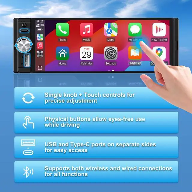 Alt view image 6 of 7 - Single Din Car Stereo, 6.28" HD Touch Screen Radio Wireless CarPlay Android Auto, Bluetooth USB-C SWC EQ Backup Camera External Mic