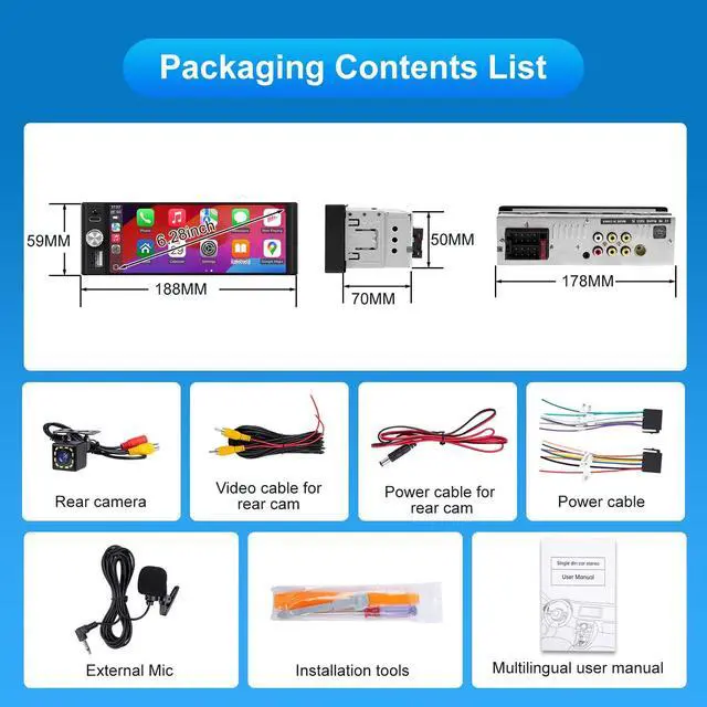 Alt view image 7 of 7 - Single Din Car Stereo, 6.28" HD Touch Screen Radio Wireless CarPlay Android Auto, Bluetooth USB-C SWC EQ Backup Camera External Mic