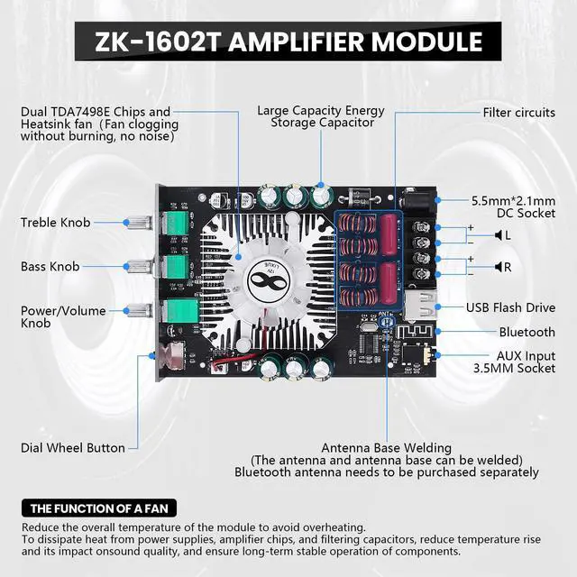 Alt view image 4 of 7 - Audio Amplifier Board, ZK-1602T Bluetooth 5.0 Power Amp for Home Speakers | 2.0 Channel 160W+160W Stereo Mini Amplifier Module TDA7498E Chip W/TB, USB, AUX, DC 15-36V