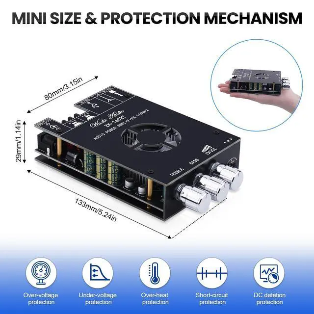 Alt view image 6 of 7 - Audio Amplifier Board, ZK-1602T Bluetooth 5.0 Power Amp for Home Speakers | 2.0 Channel 160W+160W Stereo Mini Amplifier Module TDA7498E Chip W/TB, USB, AUX, DC 15-36V