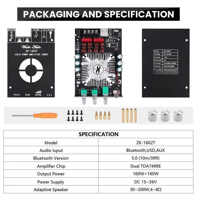Alt view image 7 of 7 - Audio Amplifier Board, ZK-1602T Bluetooth 5.0 Power Amp for Home Speakers | 2.0 Channel 160W+160W Stereo Mini Amplifier Module TDA7498E Chip W/TB, USB, AUX, DC 15-36V