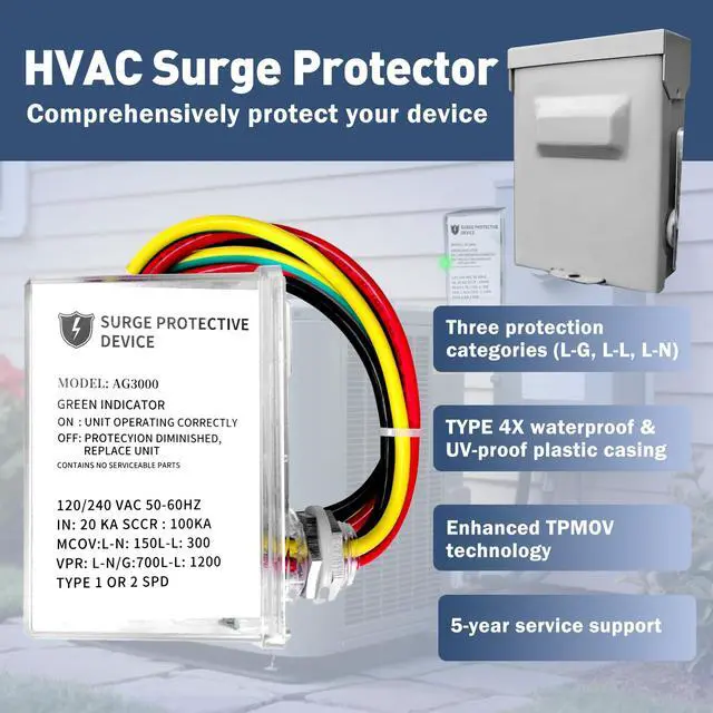 Alt view image 2 of 6 - AG3000 HVAC Surge Protector, 120/240V Mini Split Protection Device | PMOV surge protection with Type 4X enclosure and LED status indicator for mini split, AC condenser and HVAC systems