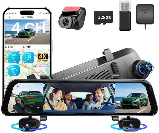 Main image of 2026 4K Mirror Dash Cam 4 Channel, 12" Touch Screen Rear View Mirror Camera for Cars,4K Dashcam Front Rear Inside, IR Night Vision,WiFi,APP,GPS, Voice Control,Free 128GB SD