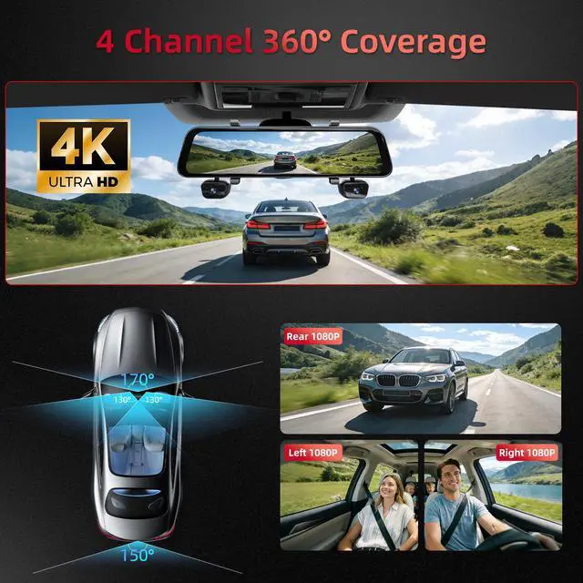 Alt view image 2 of 7 - 2026 4K Mirror Dash Cam 4 Channel, 12" Touch Screen Rear View Mirror Camera for Cars,4K Dashcam Front Rear Inside, IR Night Vision,WiFi,APP,GPS, Voice Control,Free 128GB SD