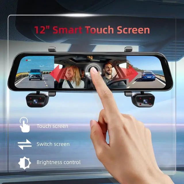 Alt view image 4 of 7 - 2026 4K Mirror Dash Cam 4 Channel, 12" Touch Screen Rear View Mirror Camera for Cars,4K Dashcam Front Rear Inside, IR Night Vision,WiFi,APP,GPS, Voice Control,Free 128GB SD