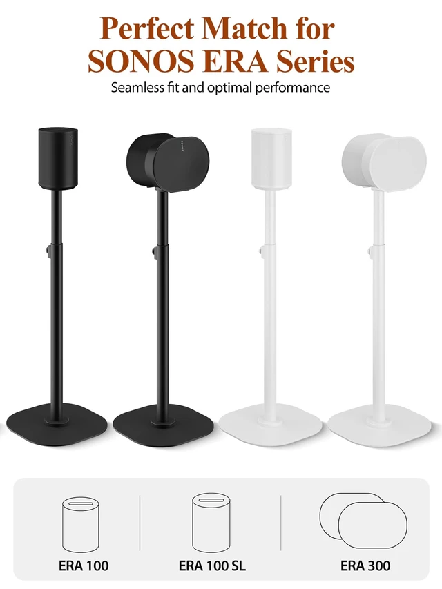 Alt view image 2 of 7 - Adjustable Speaker Stands for Sonos Era 100, 100 SL & Era 300, Pair 22"42" height range, heavy-duty metal construction, cable management and non-slip bases for stable floor placement