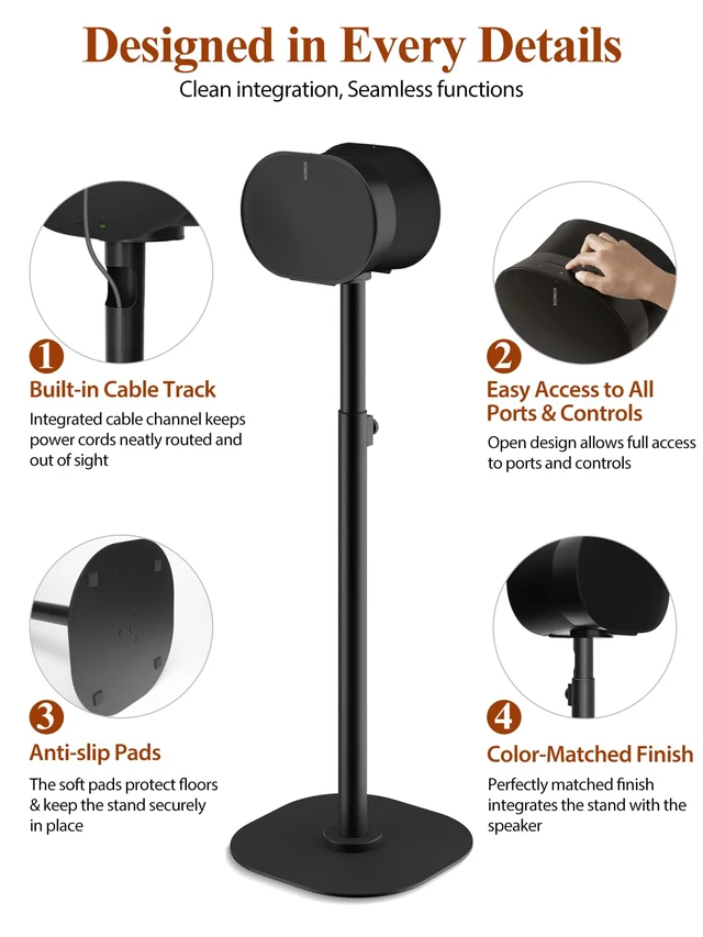 Alt view image 6 of 7 - Adjustable Speaker Stands for Sonos Era 100, 100 SL & Era 300, Pair 22"42" height range, heavy-duty metal construction, cable management and non-slip bases for stable floor placement