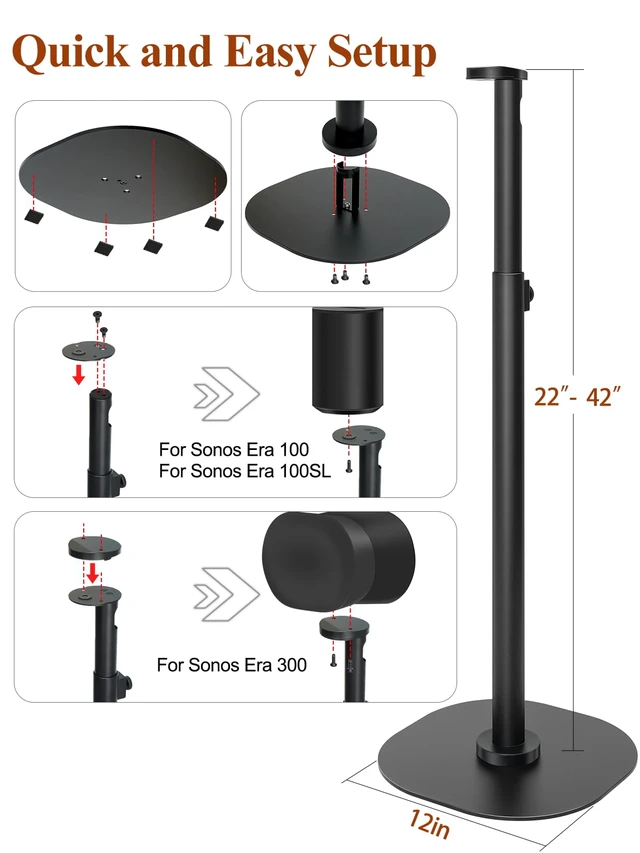Alt view image 7 of 7 - Adjustable Speaker Stands for Sonos Era 100, 100 SL & Era 300, Pair 22"42" height range, heavy-duty metal construction, cable management and non-slip bases for stable floor placement