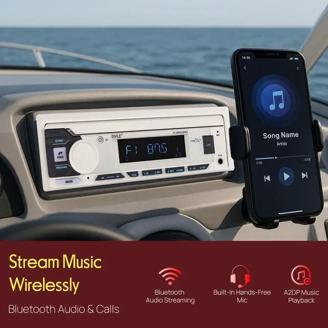 Alt view image 3 of 7 - Marine Radio Single DIN Receiver Bluetooth Wireless Streaming, AM/FM Tuner, USB/AUX MP3 Playback, Hands-Free Calling, Remote Control, RGB Buttons, Splash-Resistant Stereo Upgrade