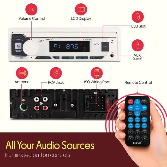 Alt view image 4 of 7 - Marine Radio Single DIN Receiver Bluetooth Wireless Streaming, AM/FM Tuner, USB/AUX MP3 Playback, Hands-Free Calling, Remote Control, RGB Buttons, Splash-Resistant Stereo Upgrade