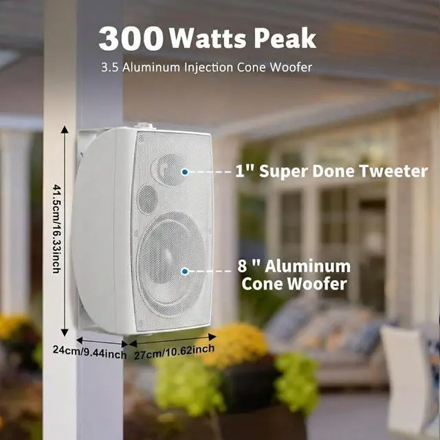 Alt view image 4 of 7 - 8-Inch Woofer 600W Outdoor Bluetooth Speakers Wired, Large Wall-Mount Size(10.6"x9.4"x16.33" 11.4lbs Each), IP44 Waterproof All-Weather for Commercial Areas, Spacious Backyards