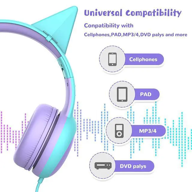 Alt view image 7 of 7 - Kids Headphones with Limited Volume, Cat Ear Toddler Headphones, Wired Headphone Over Ear for Boys and Girls,Stereo Sound Foldable 3.5mm Headset for Children