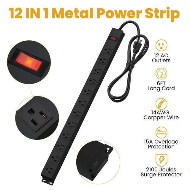 Alt view image 3 of 7 - 12 Outlet Long Power Strip Surge Protector with 2100 Joules, 6FT Power Cord, Wide Spaced Outlet Power Bar, Overload Protection Switch, Industrial Heavy Duty for Work Bench, Shop, Garage (Black)