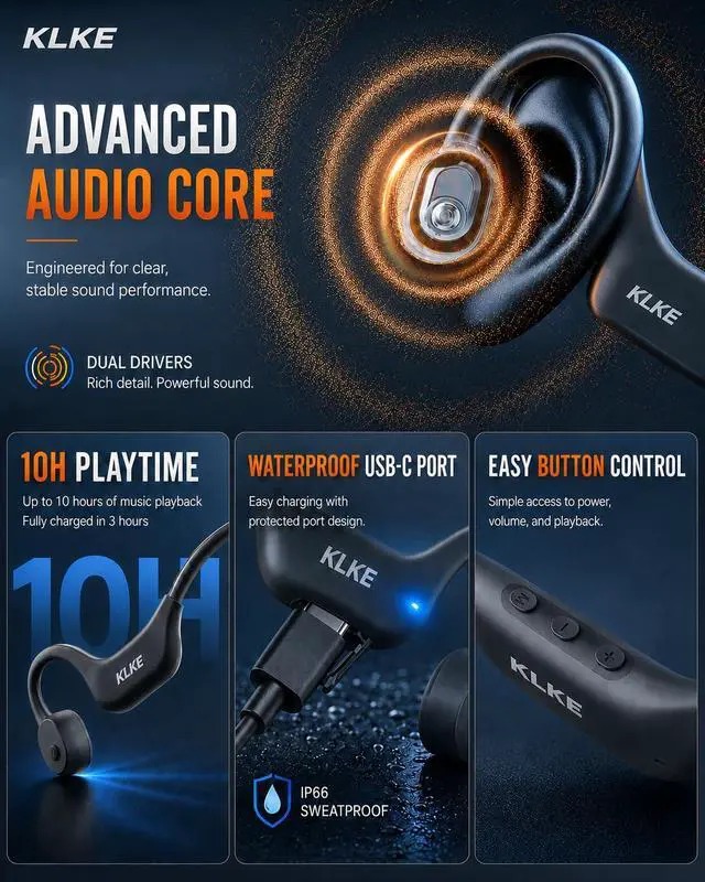 Alt view image 5 of 7 - Bone Conduction Headphones for Running with mic and Rear Safety Light | Dual Sound Modes, Adjustable Fit, 10H Playtime, USB-C Charging, Clear Calls, Lightweight Comfort for Gym, Cycling and Hiking