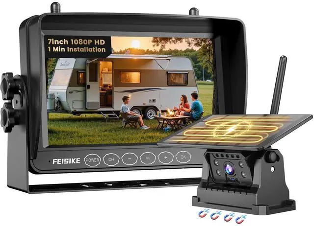 Main image of Magnetic Solar Wireless Backup Camera, 1-Min Install, 7" 1080P Monitor, No Delay, No-Drill, IR Night Vision, 150° Wide Angle, Auto Sleep, IP69 Waterproof, Rechargeable Battery for Truck RV Trailer