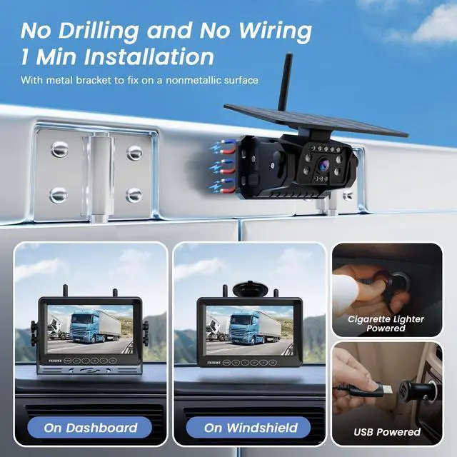 Alt view image 2 of 7 - Magnetic Solar Wireless Backup Camera, 1-Min Install, 7" 1080P Monitor, No Delay, No-Drill, IR Night Vision, 150° Wide Angle, Auto Sleep, IP69 Waterproof, Rechargeable Battery for Truck RV Trailer
