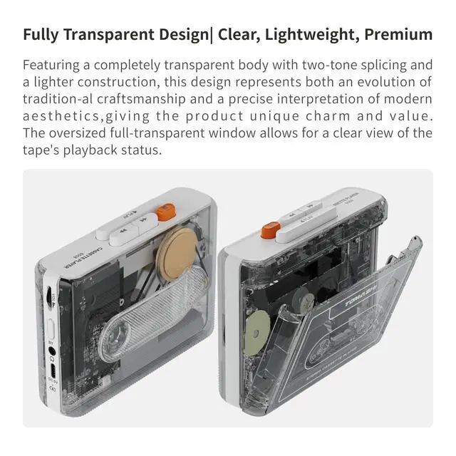 Alt view image 2 of 7 - Portable Cassette Player with Bluetooth Transmitter, Cassette Stereo Player with Type-C Charging, Built-in Battery, Belt Clip, and Earphone Jack for Wireless Music Playback