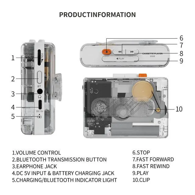 Alt view image 7 of 7 - Portable Cassette Player with Bluetooth Transmitter, Cassette Stereo Player with Type-C Charging, Built-in Battery, Belt Clip, and Earphone Jack for Wireless Music Playback