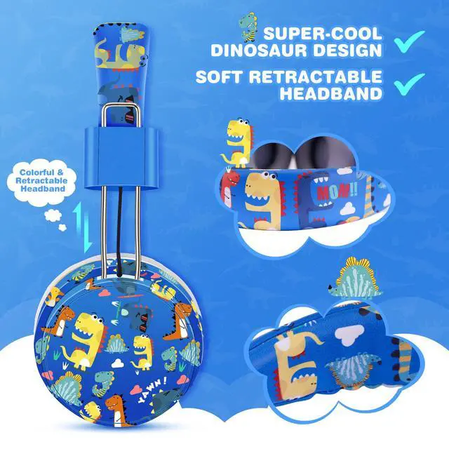 Alt view image 2 of 7 - Dinosaur Kids Bluetooth Headphones, 85dB Safe Volume Limit | For kids at school, tablet, travel, or airplane use, enjoy wireless mode, mic, Bluetooth 5.2, fast charging, foldable design