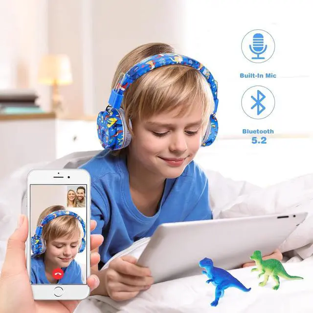 Alt view image 4 of 7 - Dinosaur Kids Bluetooth Headphones, 85dB Safe Volume Limit | For kids at school, tablet, travel, or airplane use, enjoy wireless mode, mic, Bluetooth 5.2, fast charging, foldable design