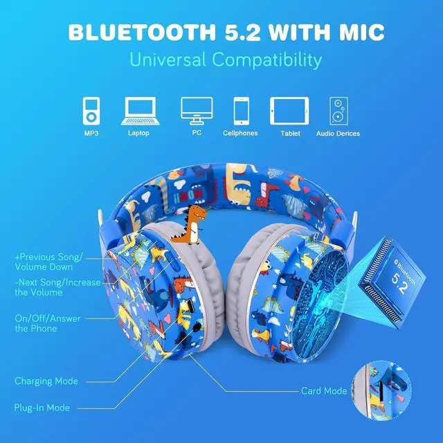 Alt view image 3 of 7 - Dinosaur Kids Bluetooth Headphones, 85dB Safe Volume Limit | For kids at school, tablet, travel, or airplane use, enjoy wireless mode, mic, Bluetooth 5.2, fast charging, foldable design