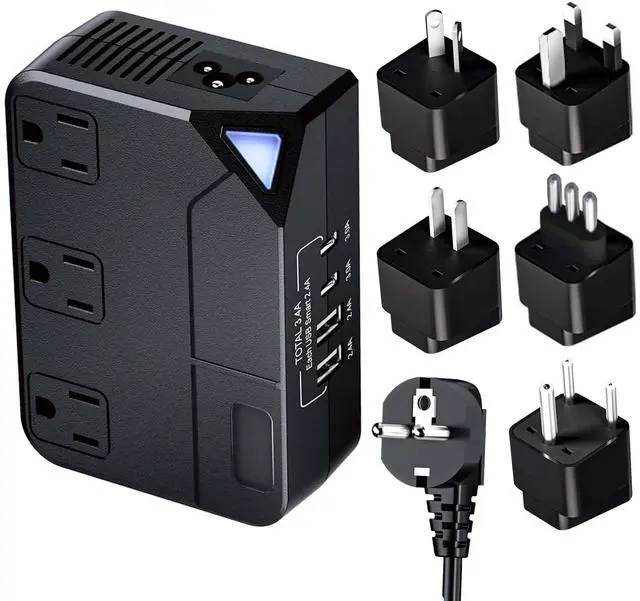 Main image of 100V220V Travel Converter, 2000W Voltage Converter with 2 USB and 2 USB-C Charging Ports and 3 AC Plugs for Curling Irons and Hair straighteners; Included Plugs are Types A, C, D, G, I, and L