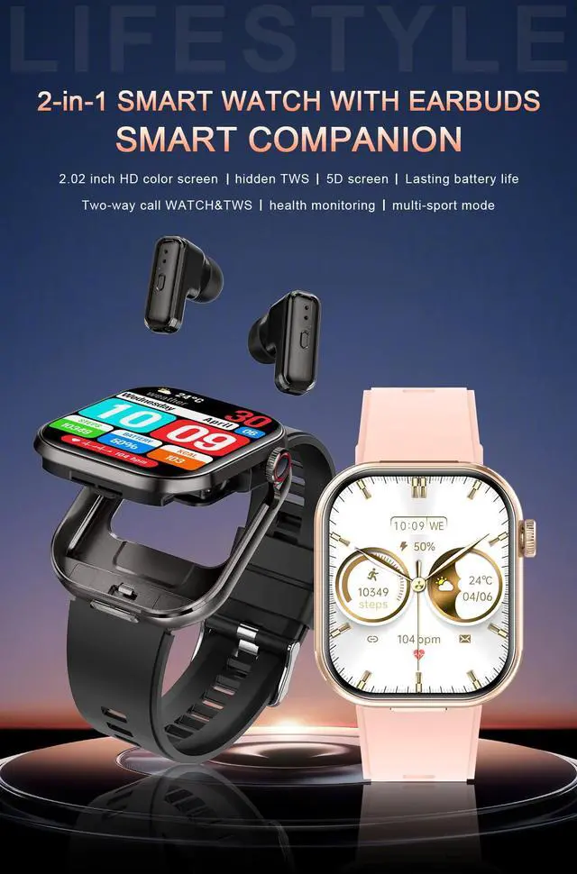 Alt view image 2 of 7 - Smart Watch with Earbuds,2.02" HD Screen,2 in 1 Smart Watches for Women,Waterproof Fitness Tracker Watch with Wireless Earphone Compatible for Android iOS with Sports Monitor Sleep