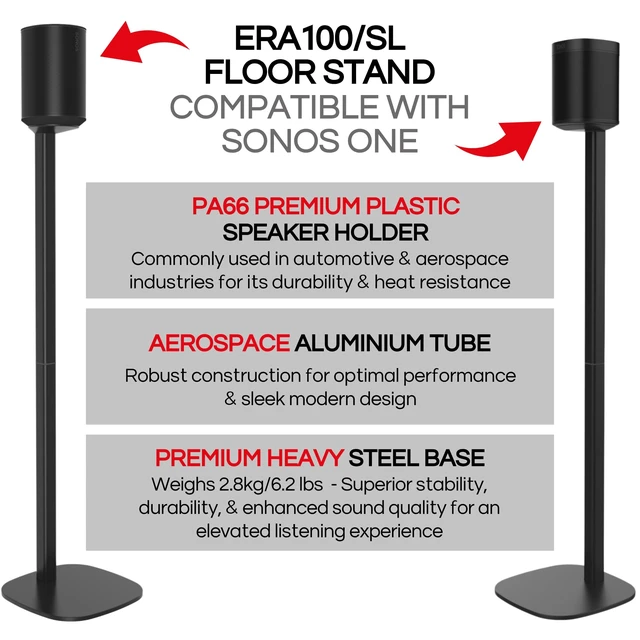 Alt view image 3 of 7 - ERA 100 Floor Stand, Twin (2pcs), Black, Double, Pair Compatible with Sonos ERA100 & ERA 100 SL, Sonos ONE & Play:1 Speakers, Accessories Included. UK Design, Height 36in / 920mm
