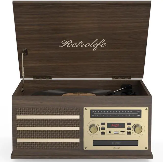 Main image of ® Vinyl Record Player 10-in-1 Music Center Vintage Turntable,Brown | Built-in Speakers,3 Speed,BT Wireless Input Output,CD Tape Cassette Player,AM FM Radio,RCA,Vinyl Recording to USB,Auto Stop