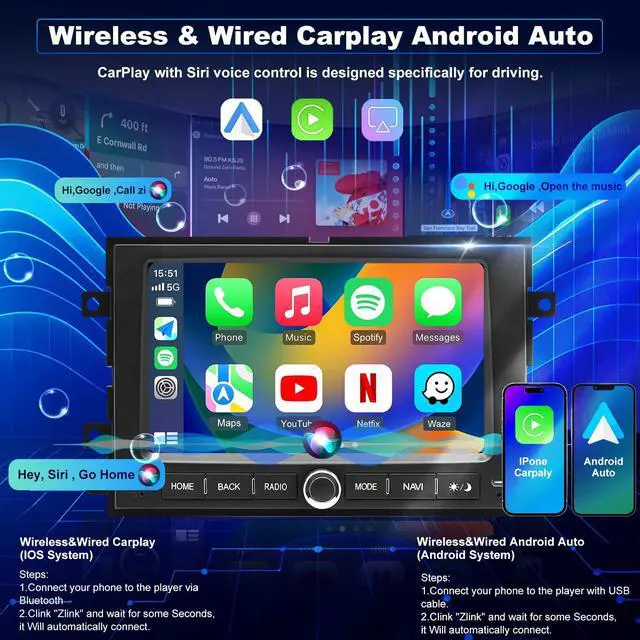 Alt view image 3 of 7 - 5GWiFi Upgrade Radio for Ford F150 2004-2008, F350/F250 2006-2016, Expedition 2007-2014, Explorer Mustang E150/E250/E350 Taurus Edge 7" Touchscreen Stereo, Wireless Carplay Android Auto GPS FM Camera