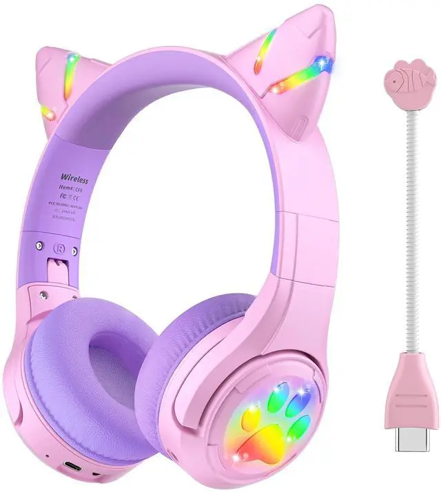 Main image of CF9 Cat Ear Kids Bluetooth Headphones with LED Light Up,Safe 85dB Volume Limit,Built-in Mic&Boom Mic for Calls,Kids Wireless&Wired Headphones for Tablet/Airplane/School/Online Learning (Purple)