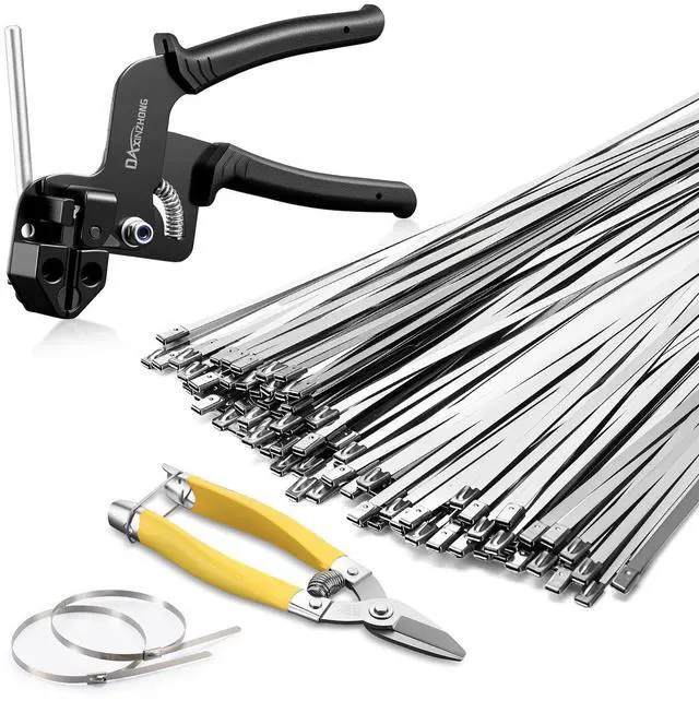 Main image of Heavy Duty 304 Stainless Steel Cable Tie Gun Kit - 100PCS 11.8" Metal Zip Ties (200LBS) + Industrial Scissors, UV Resistant Tool - Fence Ties, Exhaust Pipe, Chicken Coop, Industrial Use