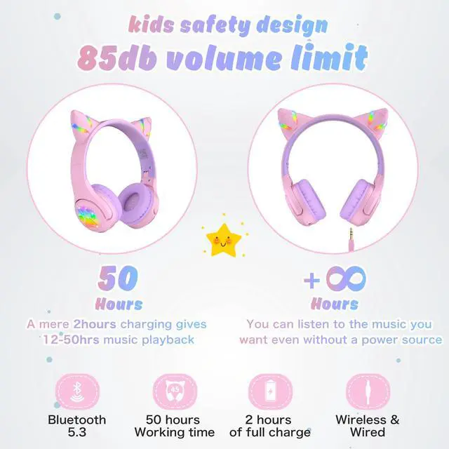 Alt view image 4 of 7 - CF9 Cat Ear Kids Bluetooth Headphones with LED Light Up,Safe 85dB Volume Limit,Built-in Mic&Boom Mic for Calls,Kids Wireless&Wired Headphones for Tablet/Airplane/School/Online Learning (Purple)